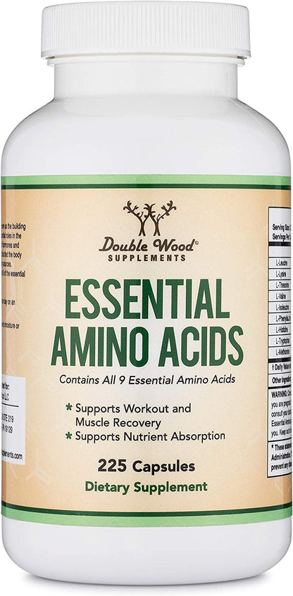 Essential Amino Acids - 1 Gram per Serving Powder Blend of All 9 Essential Aminos (EAA) and All Branched-Chain Aminos (Bcaas) (Leucine, Isoleucine, Valine) 225 Capsules by Double Wood Supplements