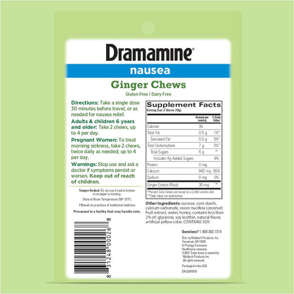 Dramamine Ginger Chews, Nausea Relief Soft Chews Lemon-Honey-Ginger, 20 Count