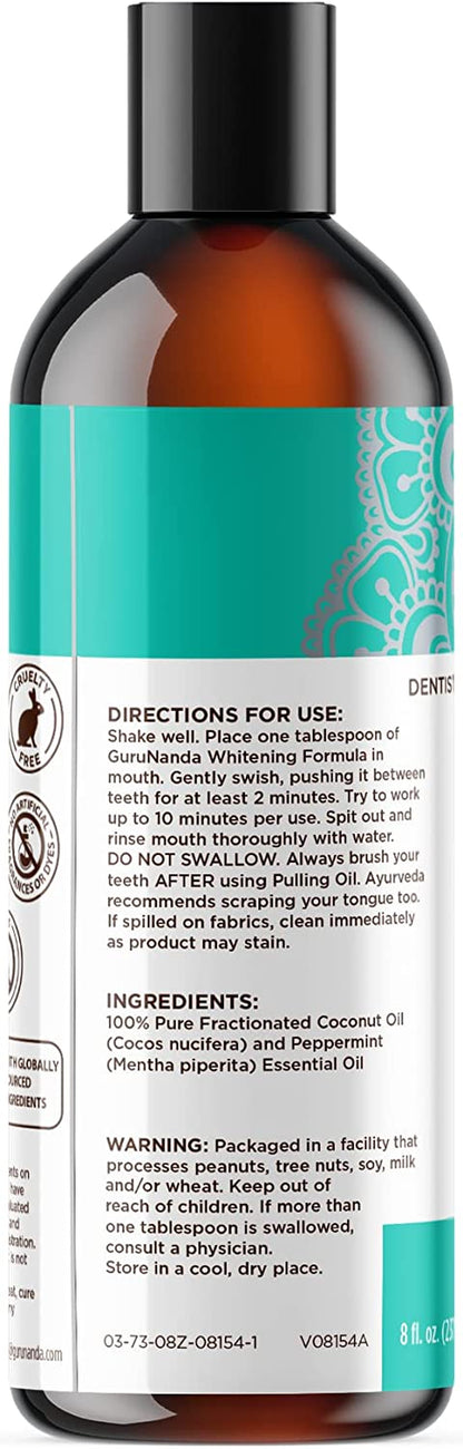 Gurunanda Oil Pulling (8 Fl.Oz) with Coconut & Peppermint Oil with Tongue Scraper inside the Box - Natural, Alcohol Free Mouthwash to Help with Fresh Breath, Teeth Whitening and Healthier Teeth & Gums