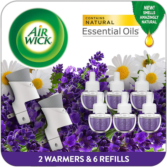 Air Wick Plug in Scented Oil Starter Kit, 2 Warmers + 6 Refills, Lavender & Chamomile, Eco Friendly, Essential Oils, Air Freshener