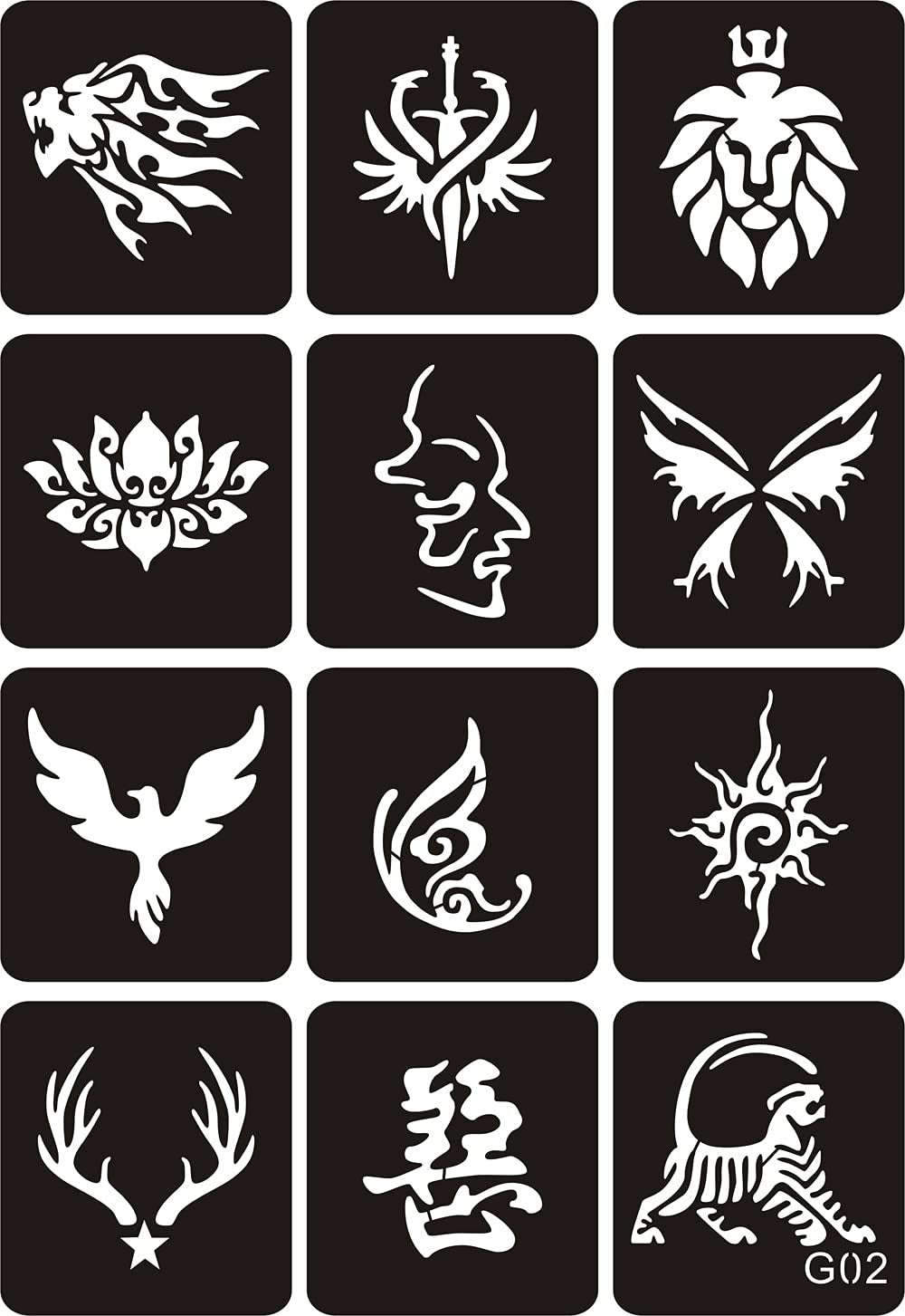 Kotbs 6 Sheets Temporary Tattoo Stencils, 34Pcs Animal Tiger Wolf Totem Patterns Henna Tattoo Stencil Kit Temporary Glitter Airbrush Tattoo Stencils Arabian Tattoo Stickers for Face Body Paint Art