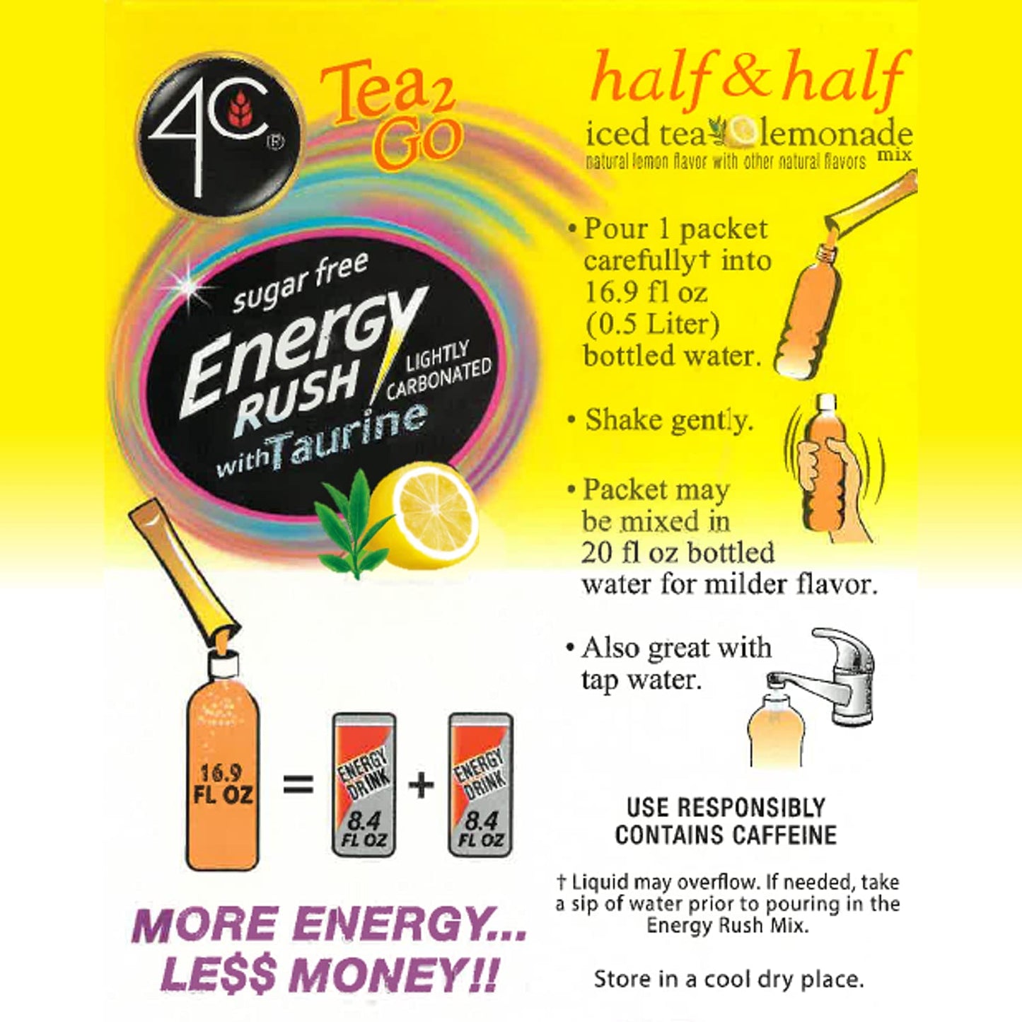 4C Energy Rush Stix, Single Serve Water Flavoring Packets, Sugar Free with Taurine, on the Go Bundle (Half & Half, 1 Pack)