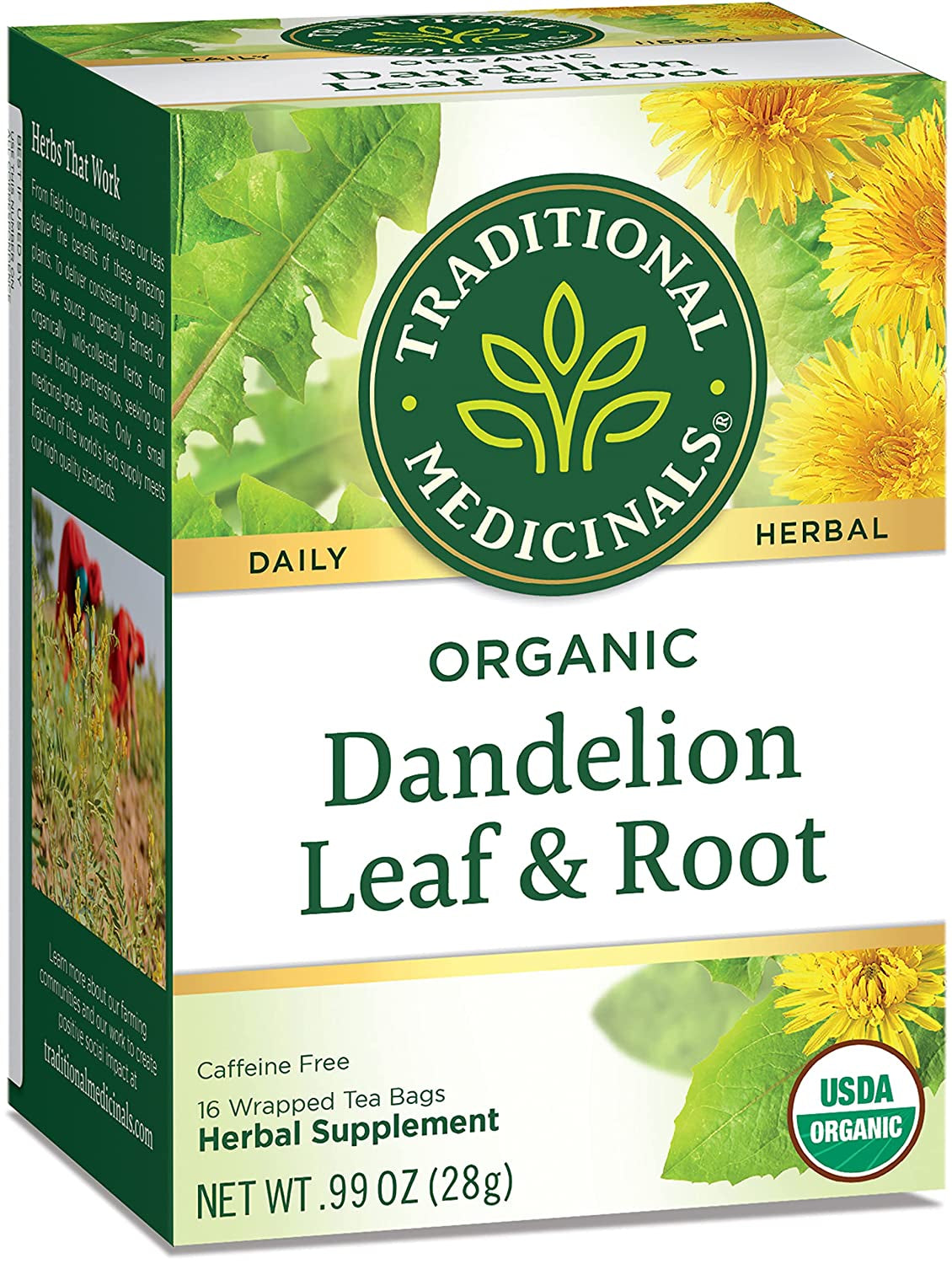 Traditional Medicinals Tea, Organic Dandelion Leaf & Root, Supports Kidney Function & Healthy Digestion, 16 Tea Bags