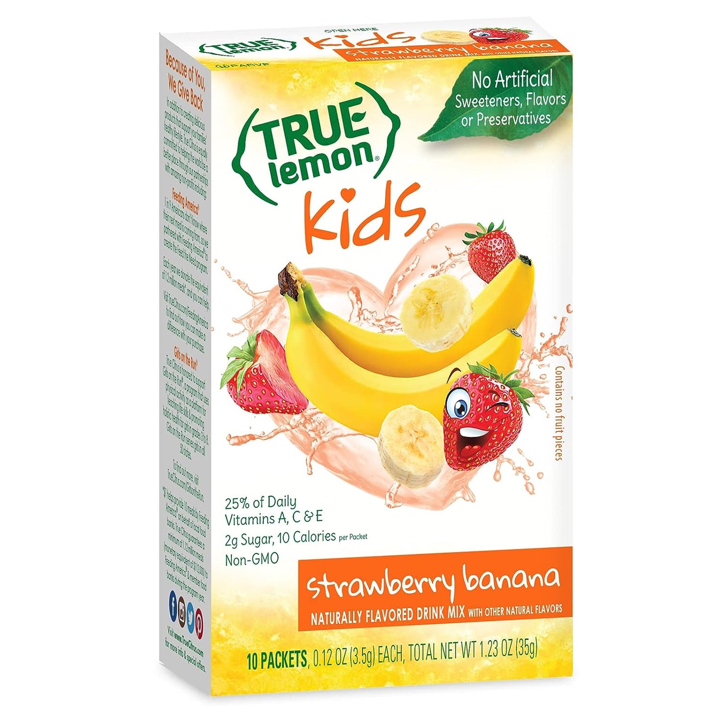 TRUE LEMON KIDS Strawberry Banana (10 Packets) - Hydration for Kids - No Preservatives, No Artificial Flavors, No Artificial Sweeteners - Low Sugar Water Flavoring - Drink Mix for Kids - Kids Juice Powdered Drink Mix