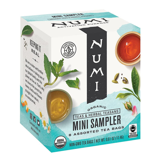 Numi Organic Tea Mini Sampler Variety Pack, 8 Count Box, Assorted Black Tea, Green Tea, White Tea, Herbal Tea Bags