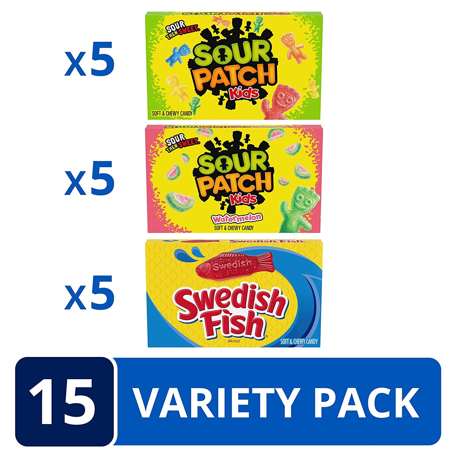 SOUR PATCH KIDS Original Candy, SOUR PATCH KIDS Watermelon Candy & SWEDISH FISH Candy Variety Pack, Christmas Candy Stocking Stuffers, 15 Movie Theater Candy Boxes