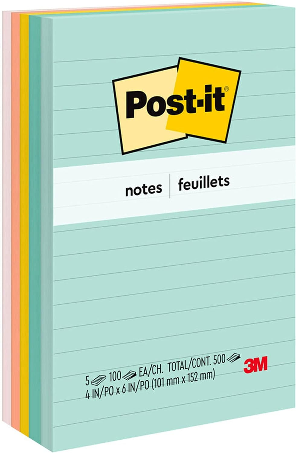 Post-It Notes, 4X6 In, 5 Pads, America'S #1 Favorite Sticky Notes, Beachside Café Collection, Pastel Colors, Recyclable (660-5PK-AST)