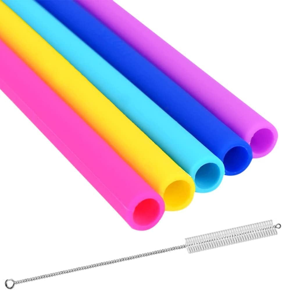 Reusable Silicone Drinking Straws - Set of 5 - BPA Free - Free Cleaning Brush Included - Work with 20 or 30Oz Tumblers, Bubba & Yeti Mugs - Perfect for Smoothies