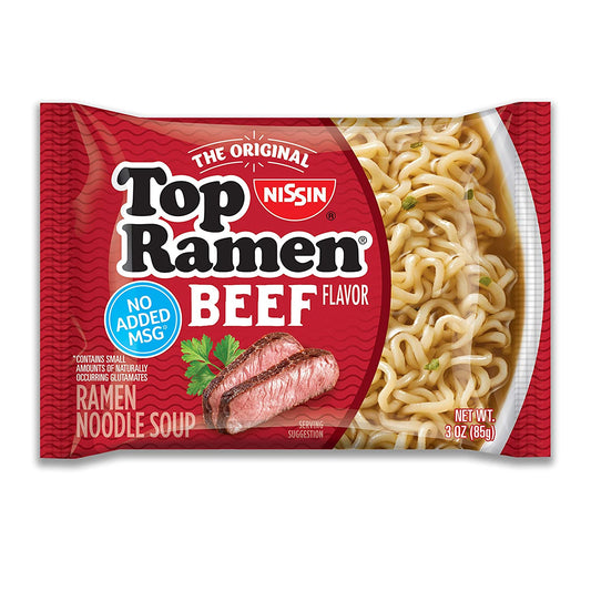 Nissin Top Ramen Noodle Soup, Beef, 3 Ounce (Pack of 24)