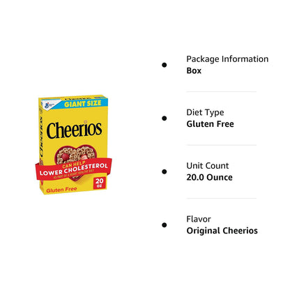 Cheerios Heart Healthy Cereal, Gluten Free Cereal with Whole Grain Oats, Giant Size, 20 OZ