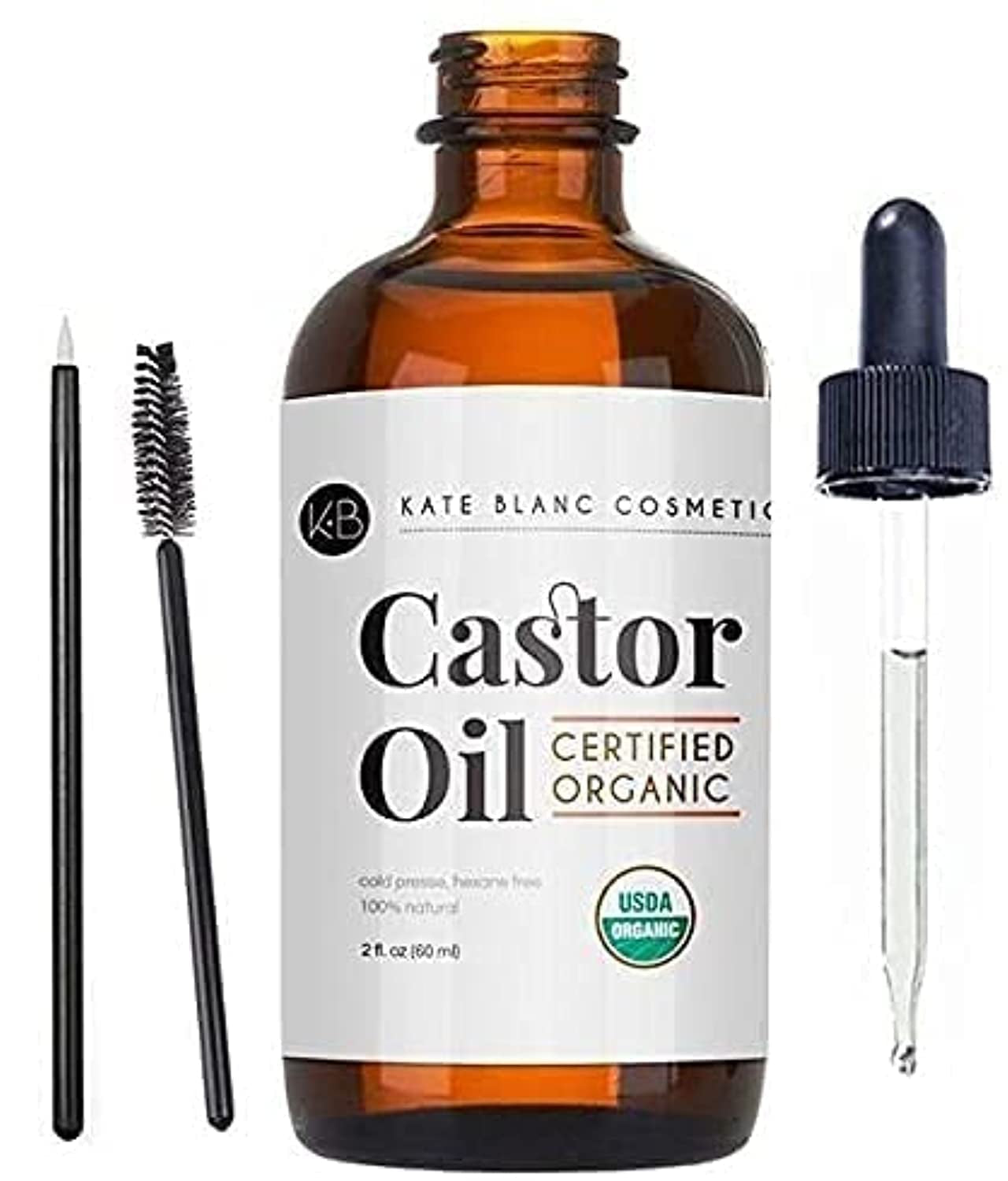 Kate Blanc Cosmetics Castor Oil (2Oz), USDA Certified Organic, 100% Pure, Cold Pressed, Hexane Free Stimulate Growth for Eyelashes, Eyebrows, Hair. Skin Moisturizer & Hair Treatment Starter Kit