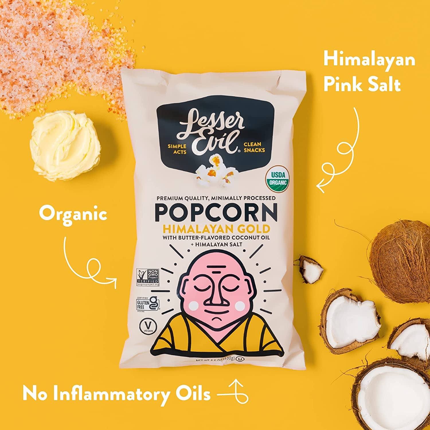 Lesserevil Himalayan Gold Salt Organic Popcorn, Premium Quality, Minimally Processed, No Vegetable Oil, 0.88 Oz (Pack of 12)