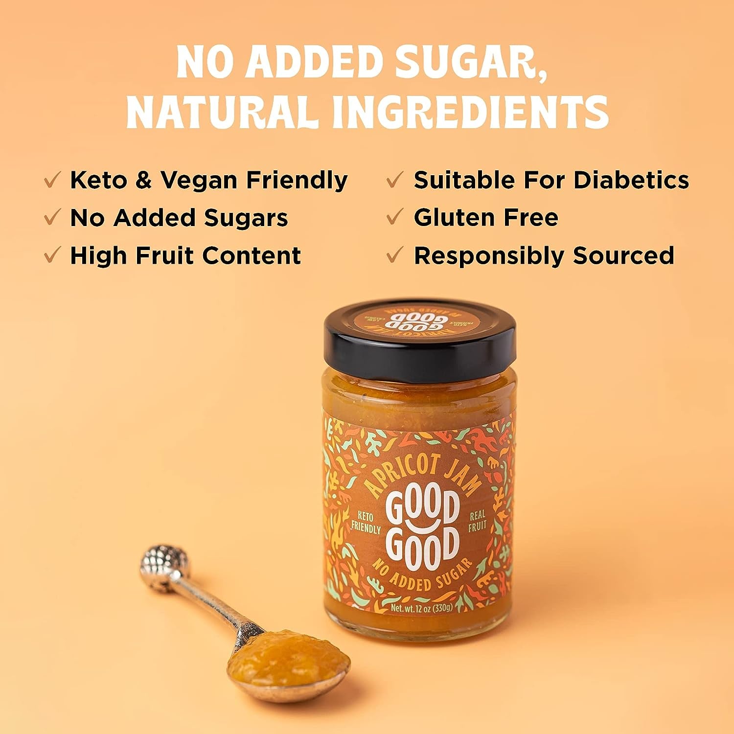 GOOD GOOD Apricot Jam - 12 Oz / 330 G - No Added Sugar Apricot Jam - Keto - Vegan - Gluten Free - Diabetic - 12 Ounce (Pack of 1)