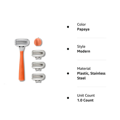 Flamingo 5-Blade Razors for Women - 1 Razor Handle + 4 5-Blade Refills + 1 Shower Holder - Papaya