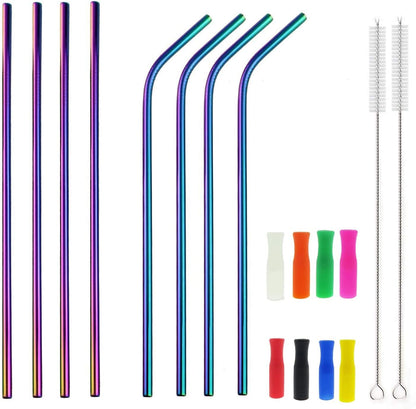 12 Inch Colorful Stainless Steel Straws, 8Pcs Ultra Long Reusable Rainbow Color Metal Drinking Straws with Silicone Tips and Cleaning Brush for Big Tumblers