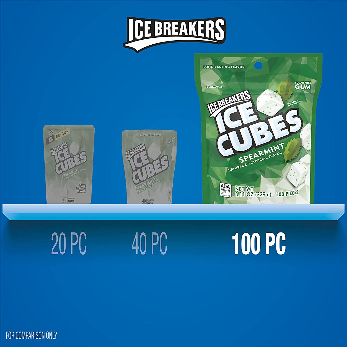 ICE BREAKERS Ice Cubes Spearmint Sugar Free Chewing Gum Pouch, 8.11 Oz (100 Pieces)