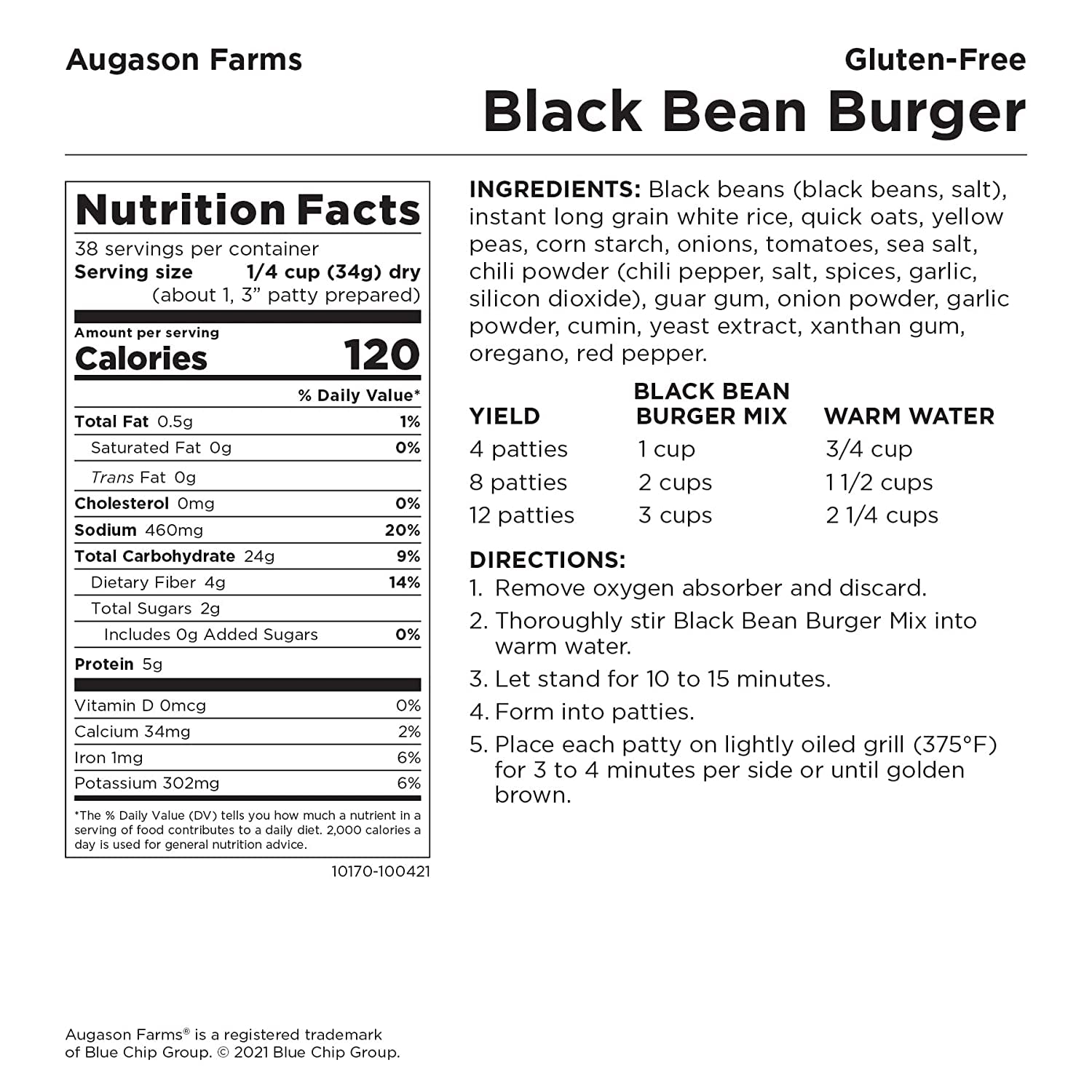 Augason Farms Gluten-Free Black Bean Burger 2 Lbs 14 Oz No. 10 Can 1 Pack