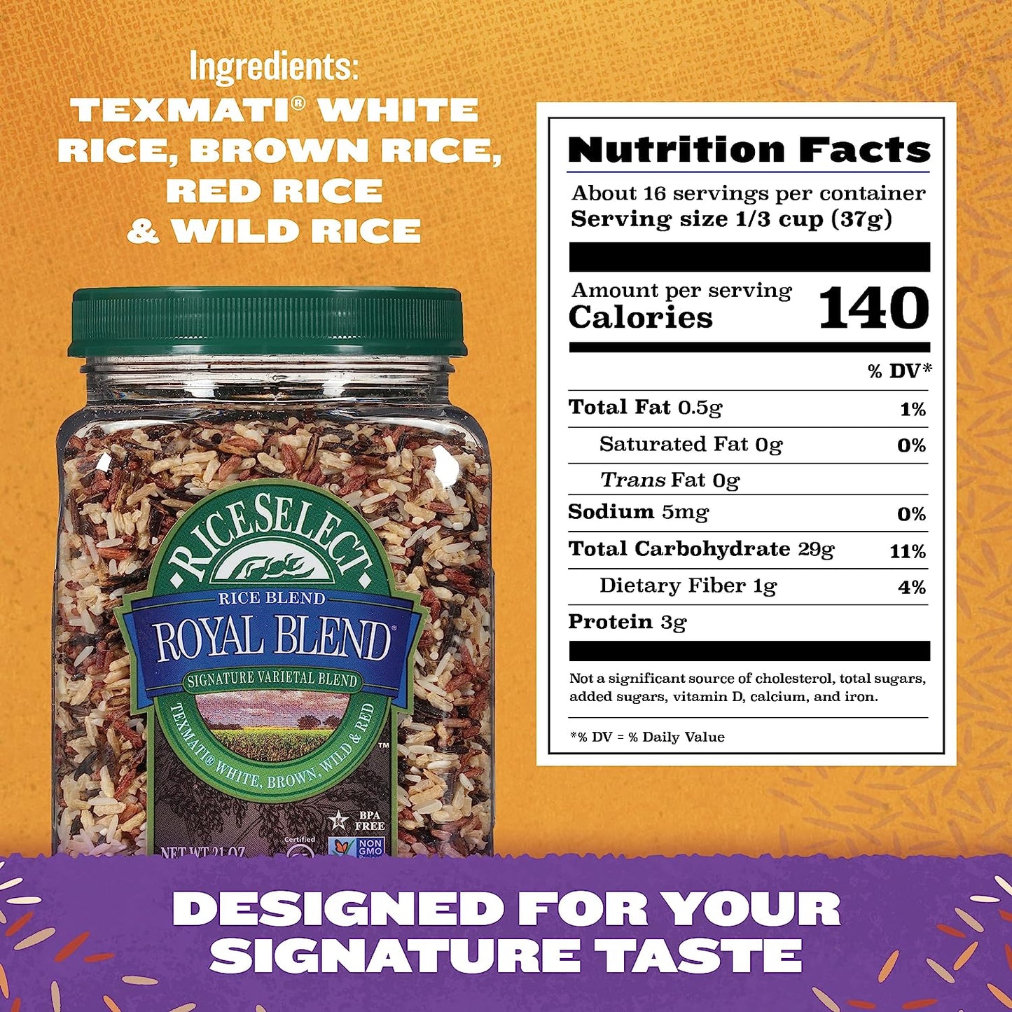 Riceselect Royal Blend, Blend of Texmati White, Brown, Red, and Wild Rice, Premium Gluten Free Rice, Non-Gmo, 21 Ounce Jar