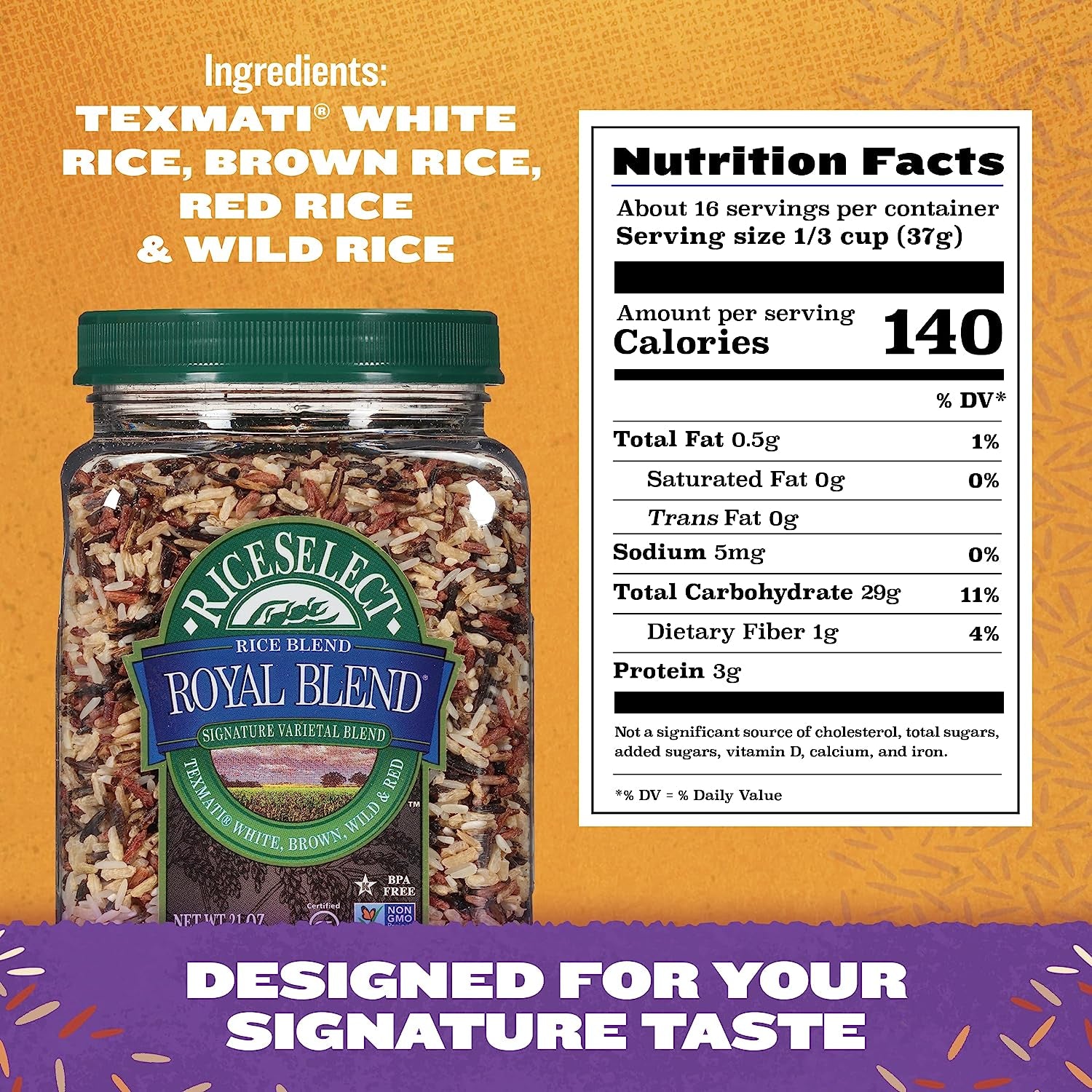 Riceselect Royal Blend, Blend of Texmati White, Brown, Red, and Wild Rice, Premium Gluten Free Rice, Non-Gmo, 21 Ounce Jar