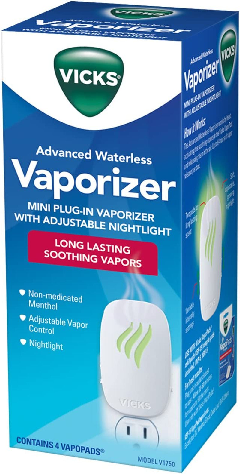 Vicks Advanced Soothing Vapors Waterless Vaporizer with Night Light and Vapopads to Help Relieve Discomfort from Colds and Flu , 1 Count (Pack of 1)