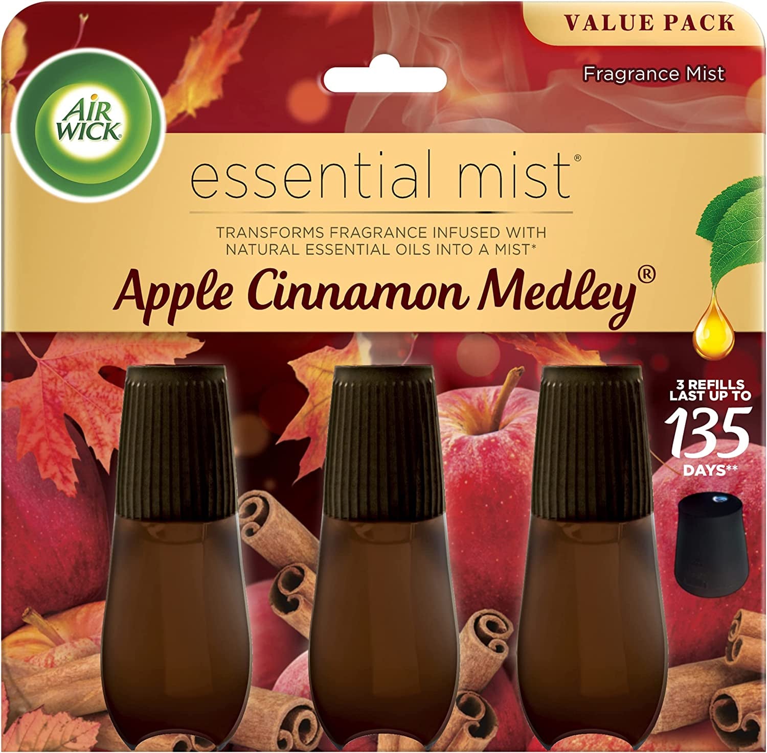 Air Wick Essential Mist Refill, 3 Ct, Apple Cinnamon Medley, Essential Oils Diffuser, Air Freshener, Fall Scent, Fall Decor