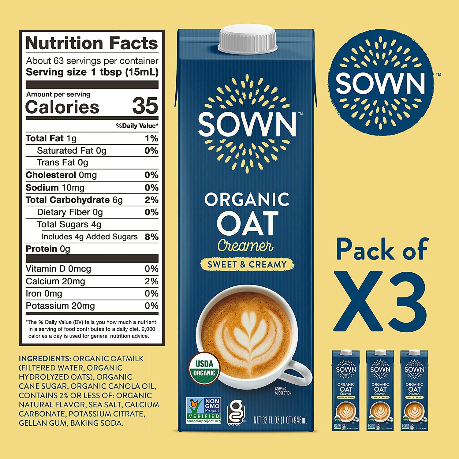 SOWN Organic Oat Creamer Sweet & Creamy - Barista Oat Milk Non Dairy Coffee Creamer - Plant Based, Dairy-Free, Vegan, Gluten-Free, Non-Gmo, Shelf Stable - 32Oz (Pack of 3)