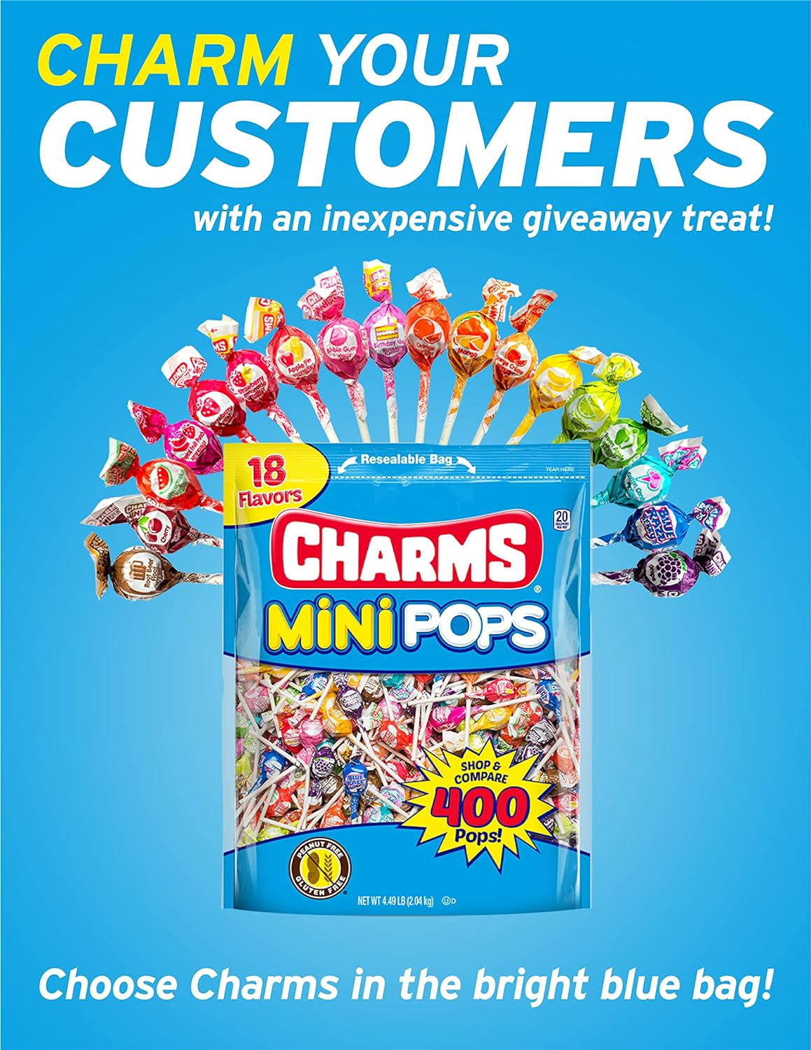 Tootsie Roll Charms Mini Pops - 4.5 Lb Holiday Size Bag of Individually Wrapped Fruity Hard Candy Lollipops in 18 Fun Flavors - Peanut and Gluten Free, 400 Count