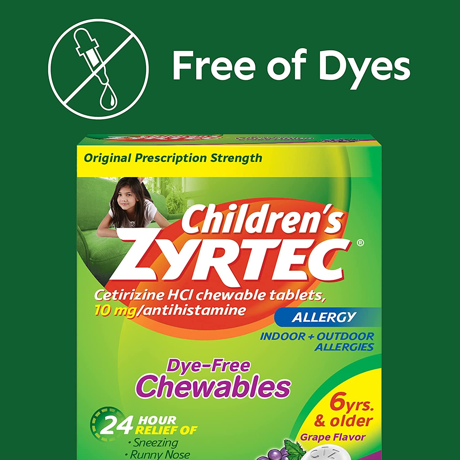 Zyrtec 24 Hour Children'S Allergy Grape Chewables, 10 Mg Cetirizine Hcl Antihistamine per Tablet, Allergy Medicine for Kids Relieves Sneezing, Itchy Throat & More, Dye-Free, Grape, 24 Ct