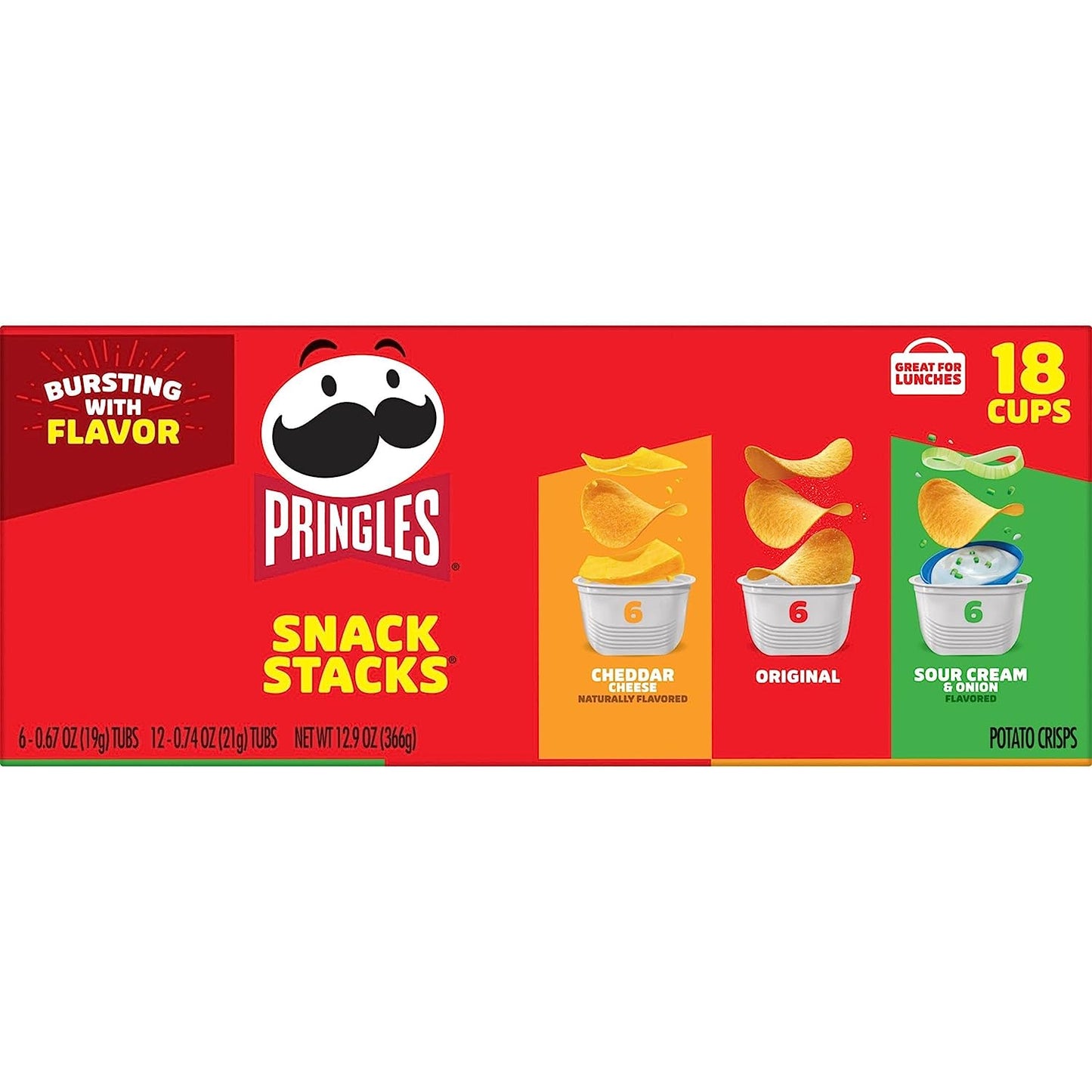 Pringles Potato Crisps Chips, Lunch Snacks, Office and Kids Snacks, Snack Stacks, Variety Pack, 12.9Oz Box (18 Cups)