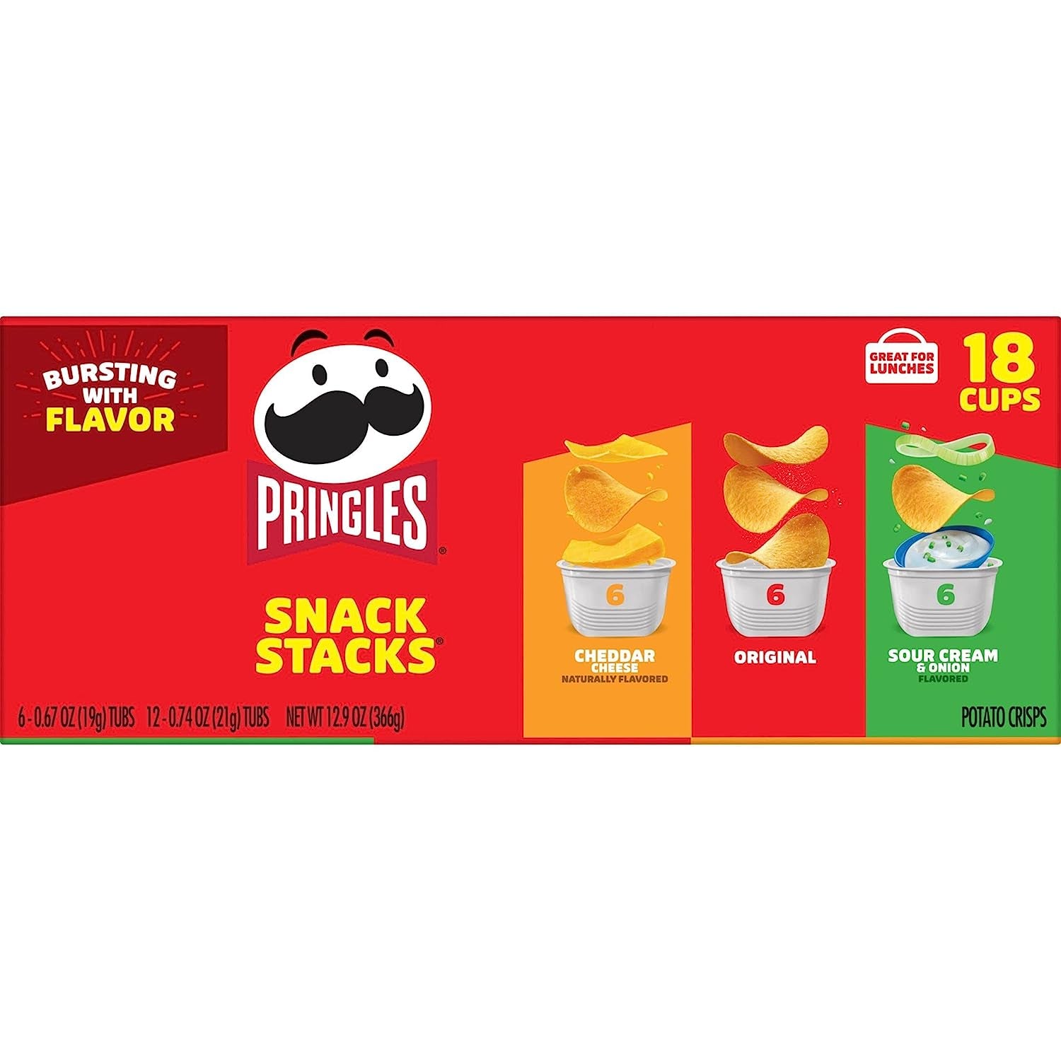 Pringles Potato Crisps Chips, Lunch Snacks, Office and Kids Snacks, Snack Stacks, Variety Pack, 12.9Oz Box (18 Cups)