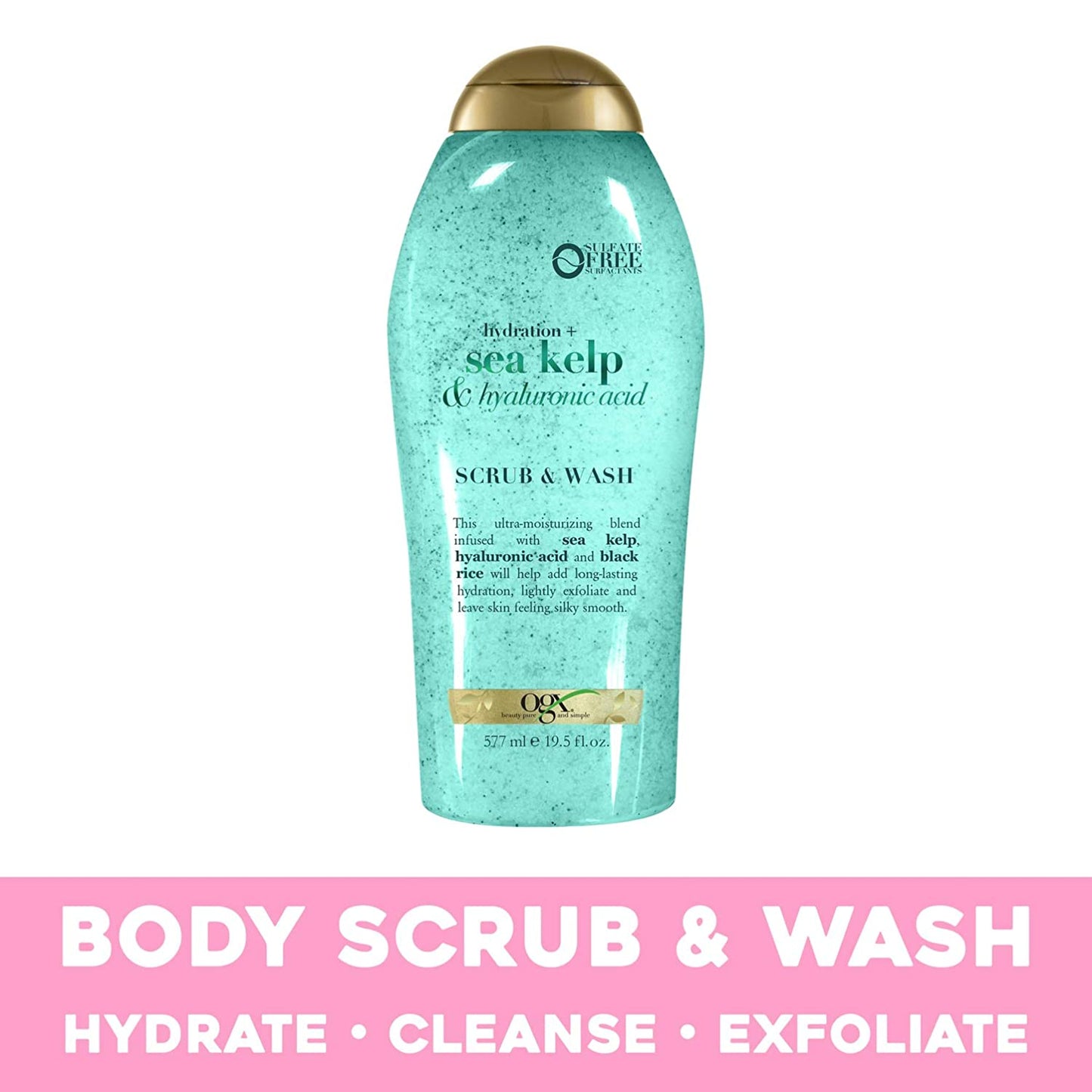 OGX Hydration + Sea Kelp & Hyaluronic Acid Sulfate-Free Lightly Moisturizing Body Scrub with Black Rice, Gentle Exfoliating Daily Body Wash to Soften & Smooth Skin, 19.5 Fl Oz