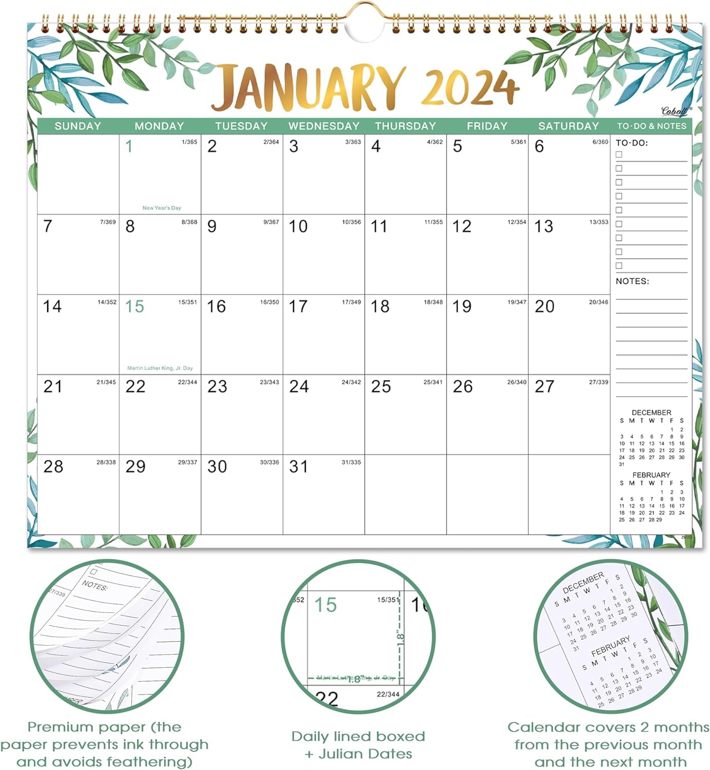 Wall Calendar 2024-2024 Wall Calendar from January 2024 to December 2024, 11.5"X 15", Monthly Calendar 2024 with Julian Dates, Twin-Wire Binding, Thick Paper Perfect for Office & Home