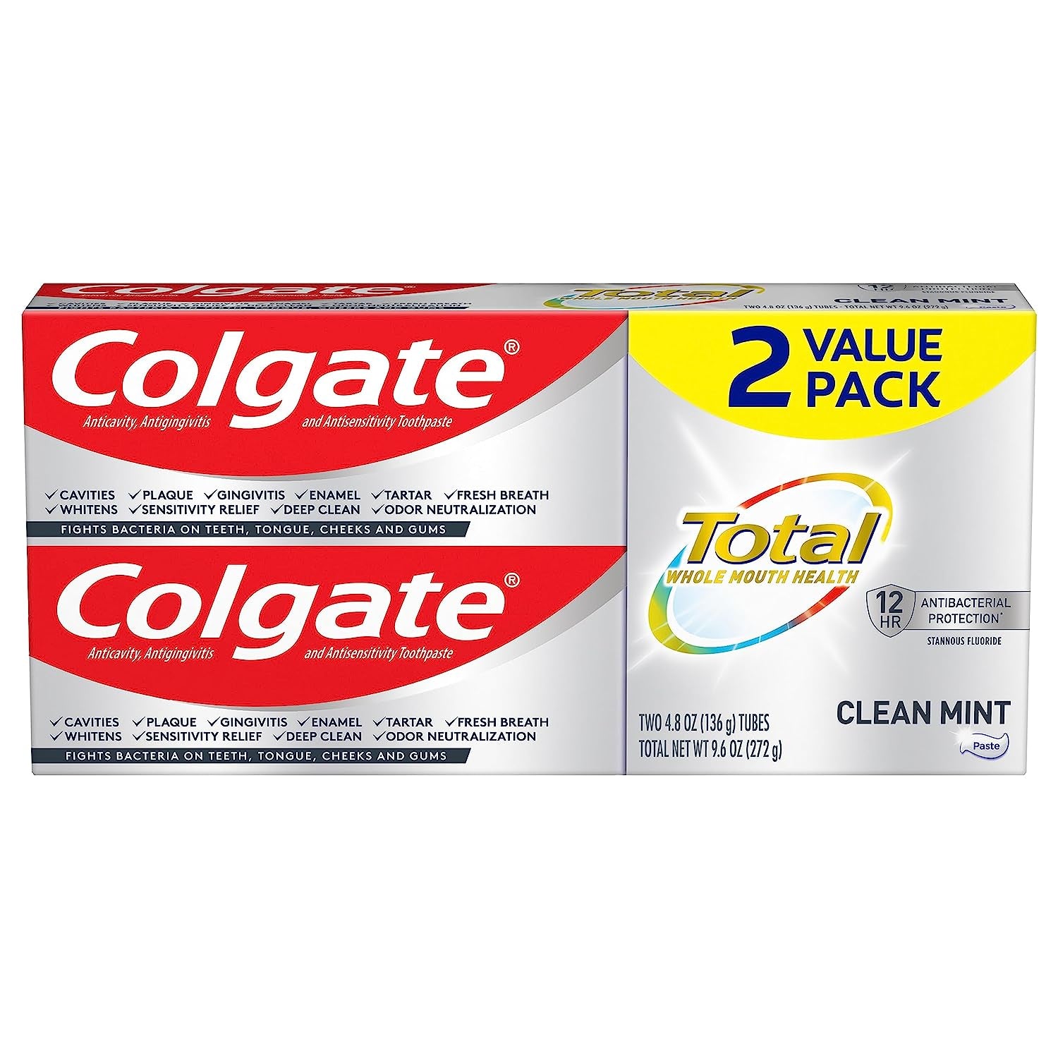 Colgate Total Toothpaste, Clean Mint, 9.6 Ounce (2-Pack)