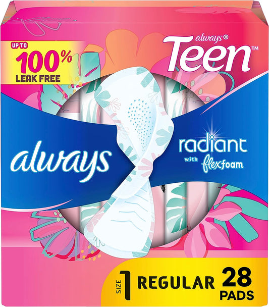 Always Radiant Flexfoam Teen Pads Regular Absorbency, 100% Leak Free Protection Is Possible, with Wings, Unscented, 28 Count