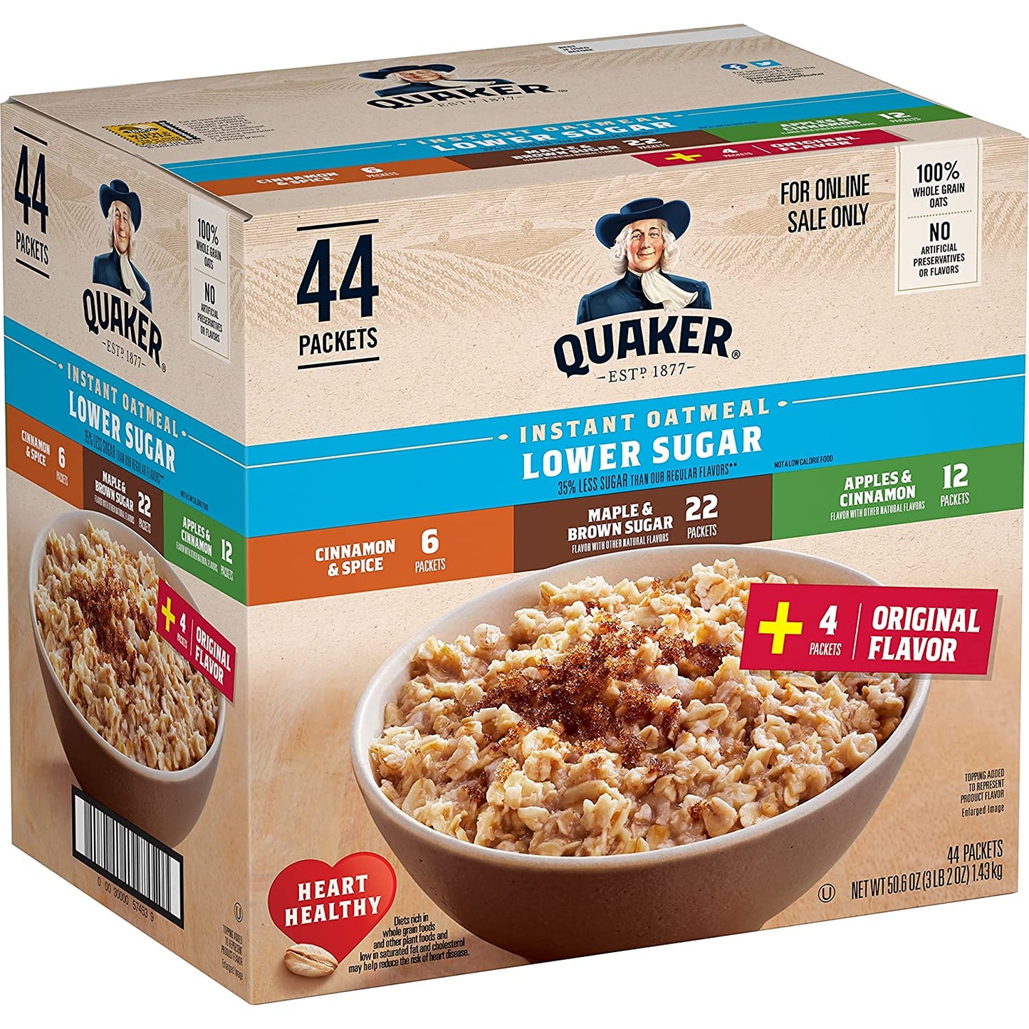 Quaker Instant Oatmeal Lower Sugar, 4 Flavor Variety Pack 44 Count (Pack of 1)