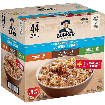 Quaker Instant Oatmeal Lower Sugar, 4 Flavor Variety Pack 44 Count (Pack of 1)