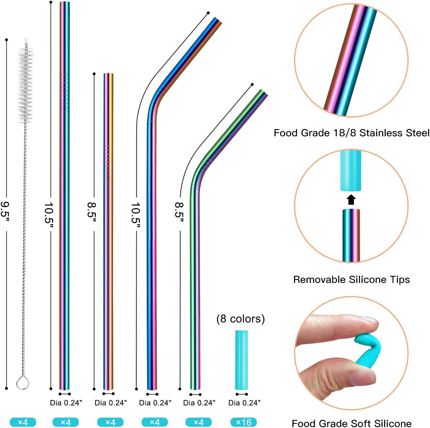 Strawexpert 16 Pack Rainbow Color Reusable Metal Straws with Silicone Tip & Travel Case & Cleaning Brush,Colored Long Stainless Steel Straws Drinking Straw for 20 and 30 Oz Tumbler