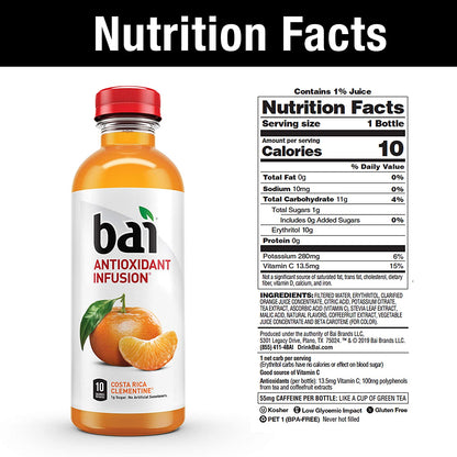 Bai Flavored Water, Costa Rica Clementine, Antioxidant Infused Drinks, 18 Fluid Ounce Bottles, (Pack of 12)