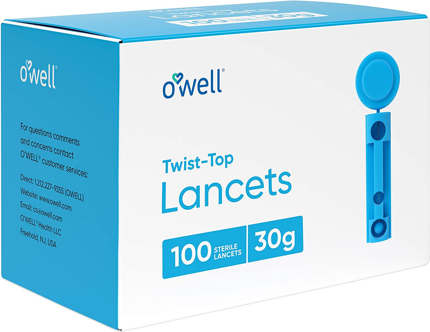 O'WELL Twist Top Lancets 30 Gauge, 100 Count | Thin Needle Lancets for Blood Glucose & Keto Testing | Box of 100 Sterile Lancets