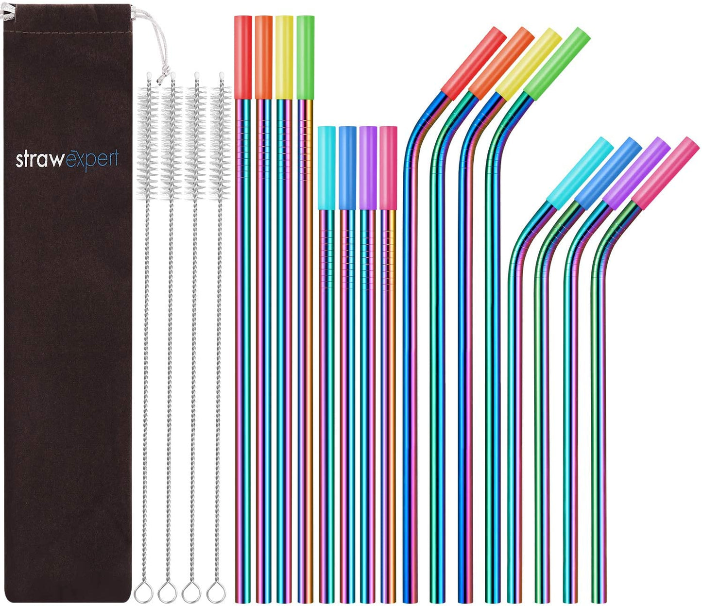 Strawexpert 16 Pack Rainbow Color Reusable Metal Straws with Silicone Tip & Travel Case & Cleaning Brush,Colored Long Stainless Steel Straws Drinking Straw for 20 and 30 Oz Tumbler