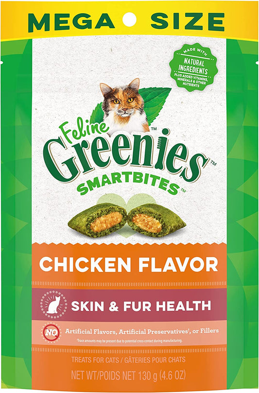 FELINE GREENIES SMARTBITES Skin & Fur Crunchy and Soft Natural Cat Treats, Chicken Flavor, 4.6 Oz. Pack