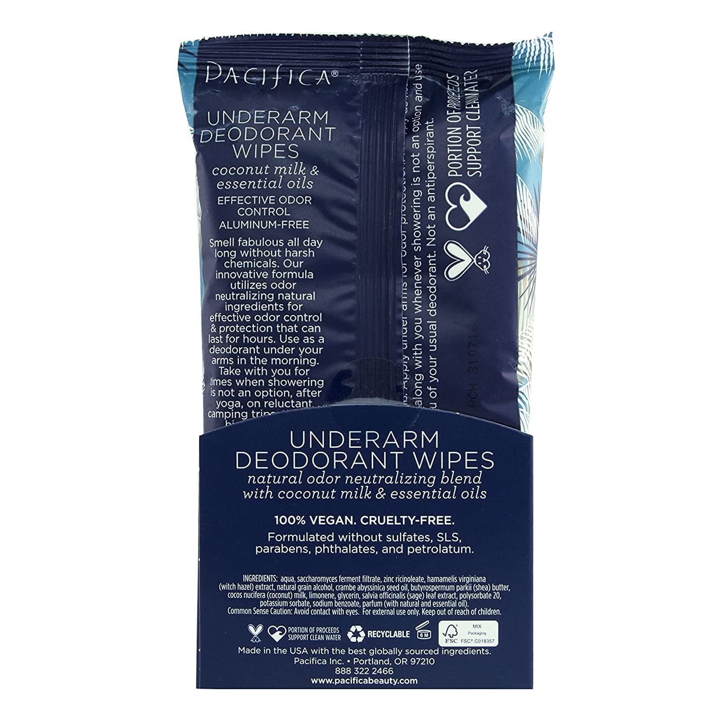 Pacifica Beauty, Coconut Milk & Essential Oils Underarm Deodorant Wipes, 30 Count, Remove Odor On-The-Go, Aluminum Free, Travel Friendly, Fresh Coconut Scent, Vegan and Cruelty Free