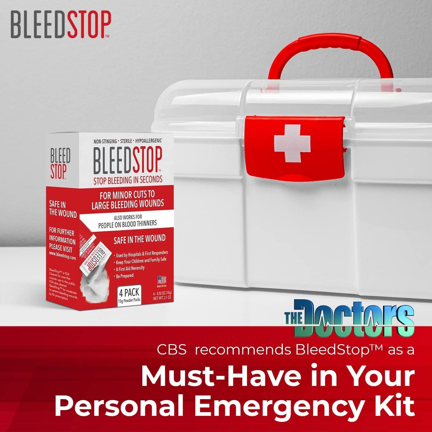 Bleedstop™ First Aid Powder for Blood Clotting, Trauma Kit, Blood Thinner Patients, Camping Safety, and Survival Equipment for Moderate to Severe Bleeding Wounds or Nosebleeds - 4 (15G) Pouches