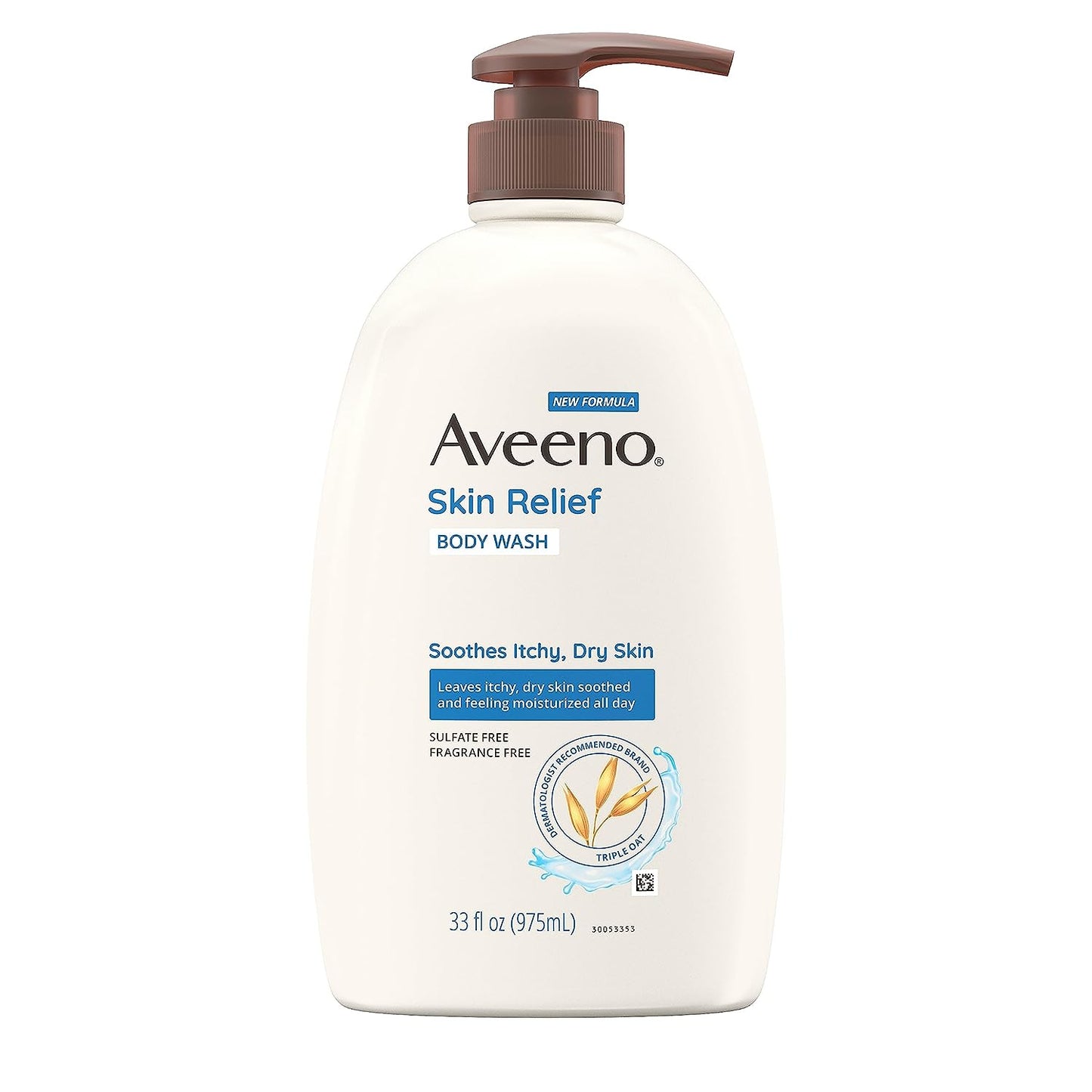 Aveeno Skin Relief Fragrance-Free Body Wash with Oat to Soothe Dry Itchy Skin, Gentle, Soap-Free & Dye-Free for Sensitive Skin, 33 Fl. Oz