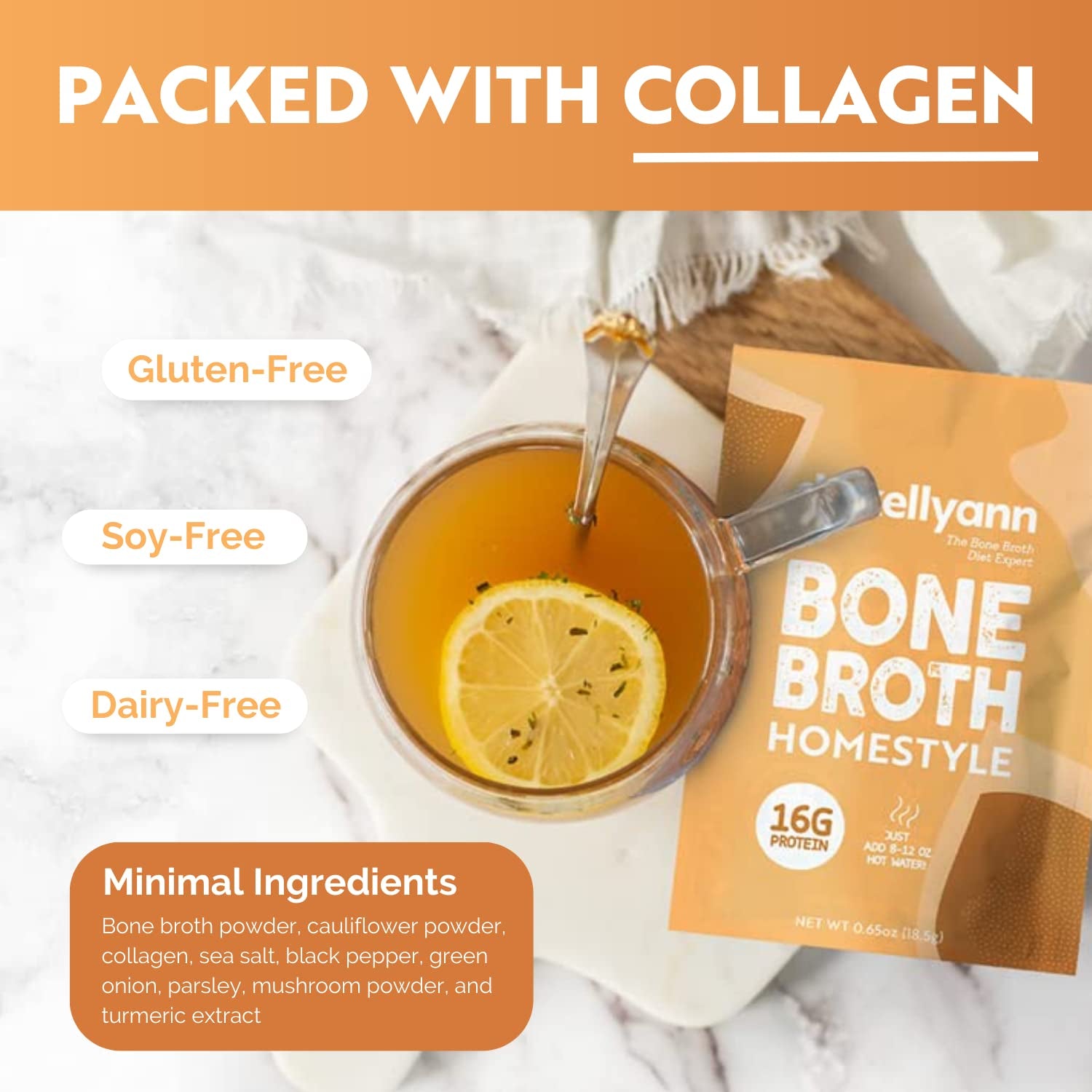 Dr. Kellyann Bone Broth Packets, Original Homestyle Flavor - 7 Servings, Chicken Broth with 100% Grass-Fed Hydrolyzed Collagen Peptides Powder, 16G Protein, Keto and Paleo Diet Friendly