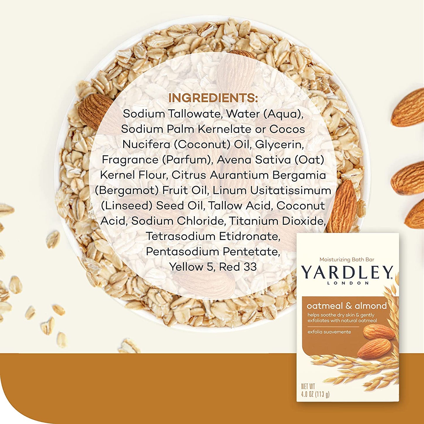 Yardley Oatmeal and Almond Bar Soap, Oatmeal & Almond, 4 Ounce