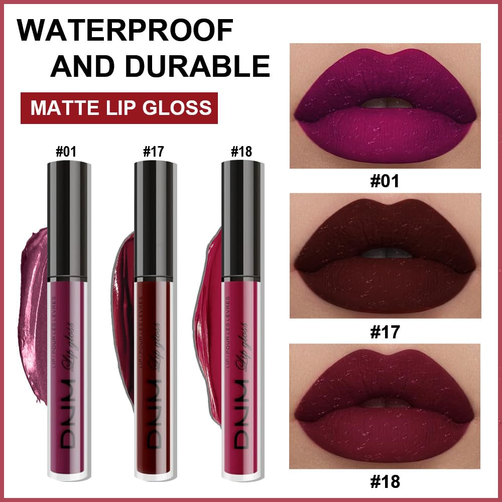 Evpct 3Pcs Dark Red Plum Purple Matte 24-Hour Liquid Lipstick Sets for Women DNM Matte Lipstick Lip Stain Long Lasting 24 Smudge Waterproof Lip Gloss Gift Set Matt Lipsticks Set Matt Liquid Lipstick