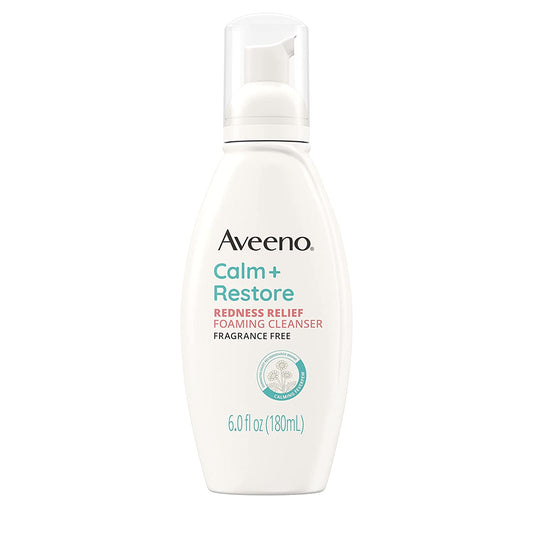 Aveeno Calm + Restore Redness Relief Foaming Cleanser, Daily Facial Cleanser with Calming Feverfew to Help Reduce the Appearance of Redness, Hypoallergenic & Fragrance-Free, 6 Fl. Oz