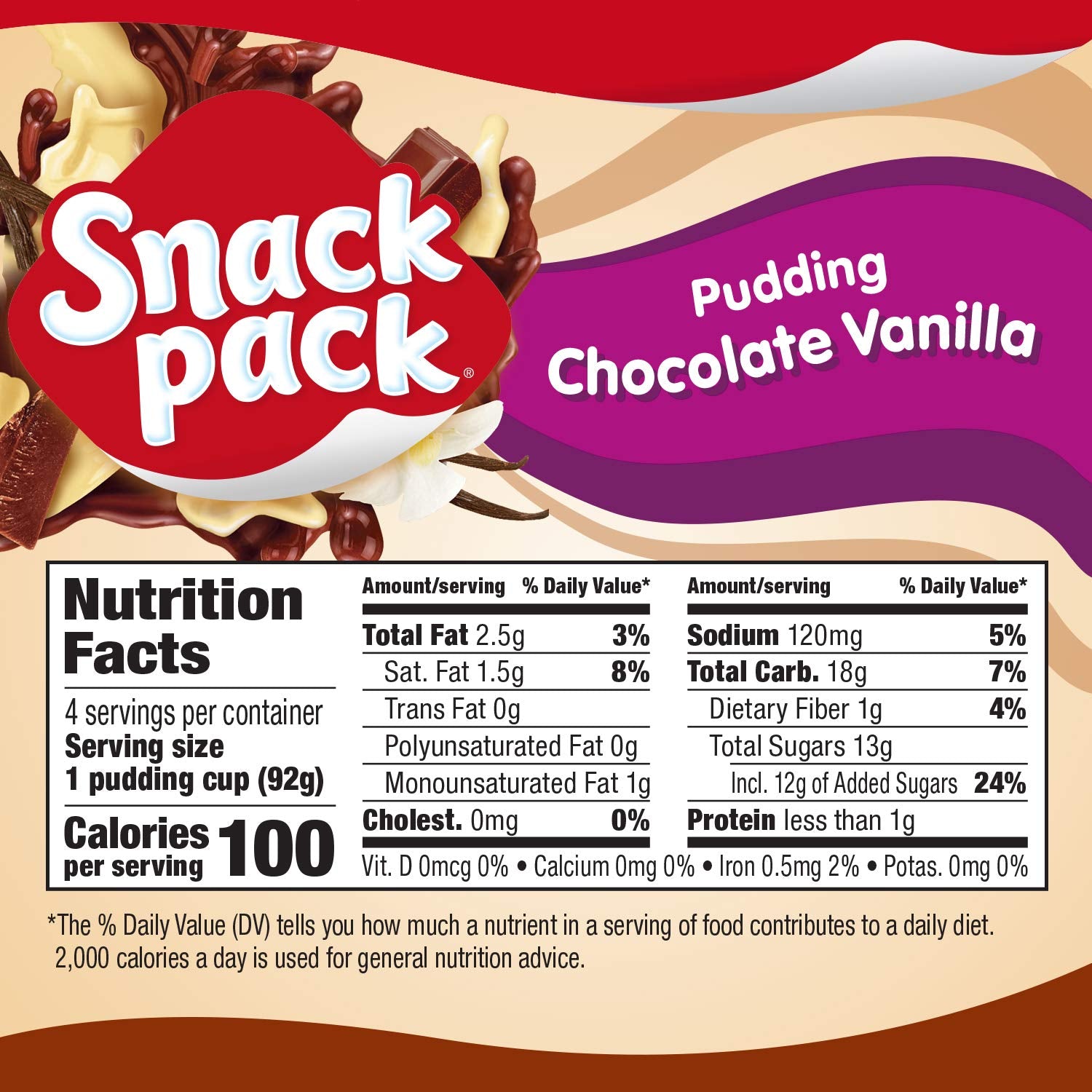 Snack Pack Chocolate Vanilla Pudding Cups, 4 Count, 12 Pack