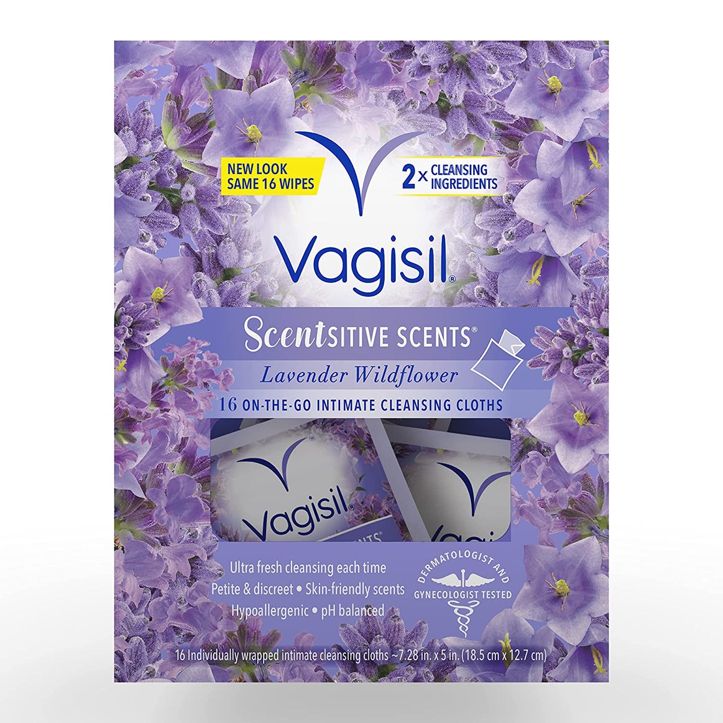 Vagisil Scentsitive Scents On-The-Go Feminine Cleansing Wipes, Ph Balanced, Lavender Wildflower, Individually Wrapped, 16 Count (Pack of 1)